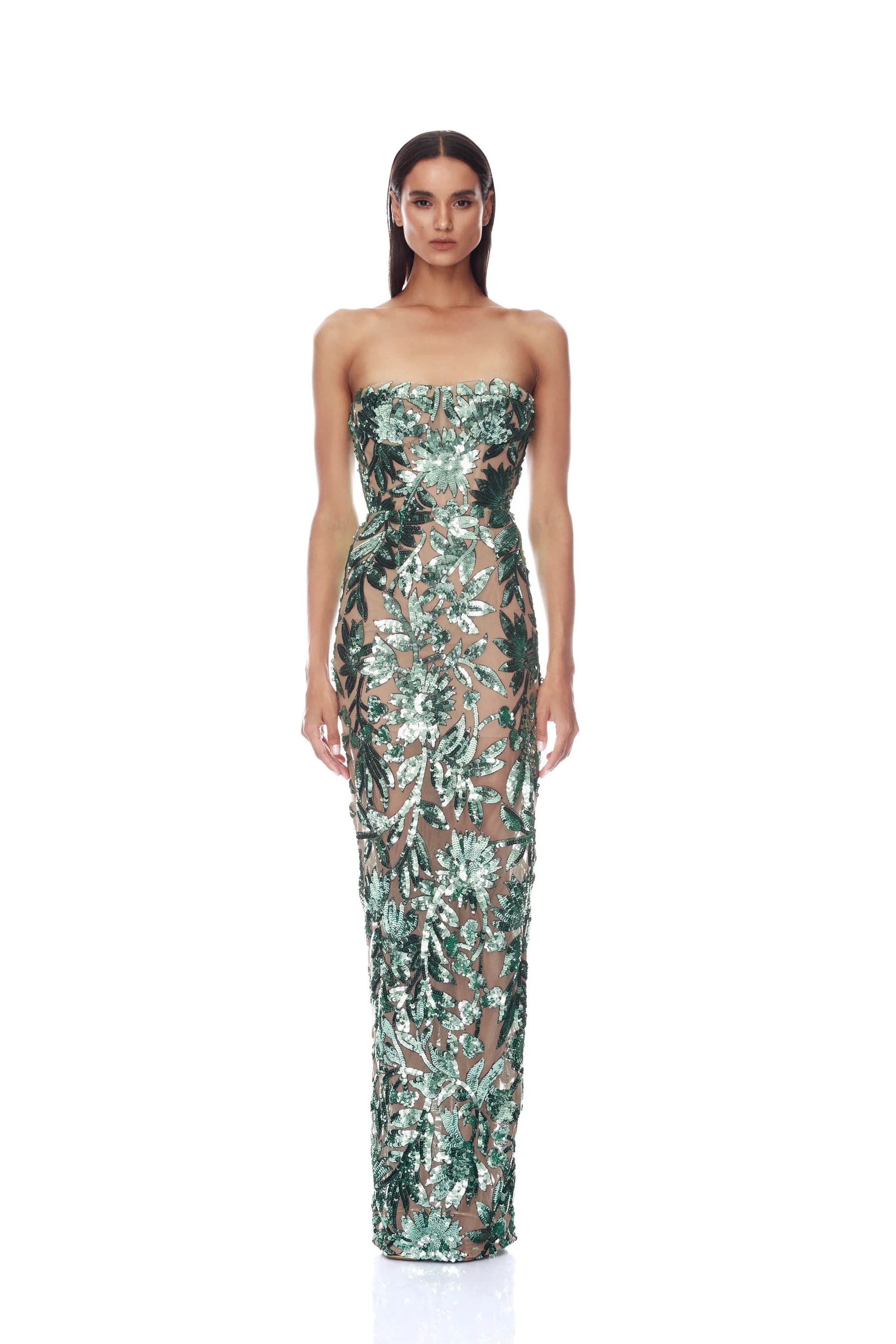 Dahlia Teal Paillette Strapless Maxi Dress | Bronx and Banco