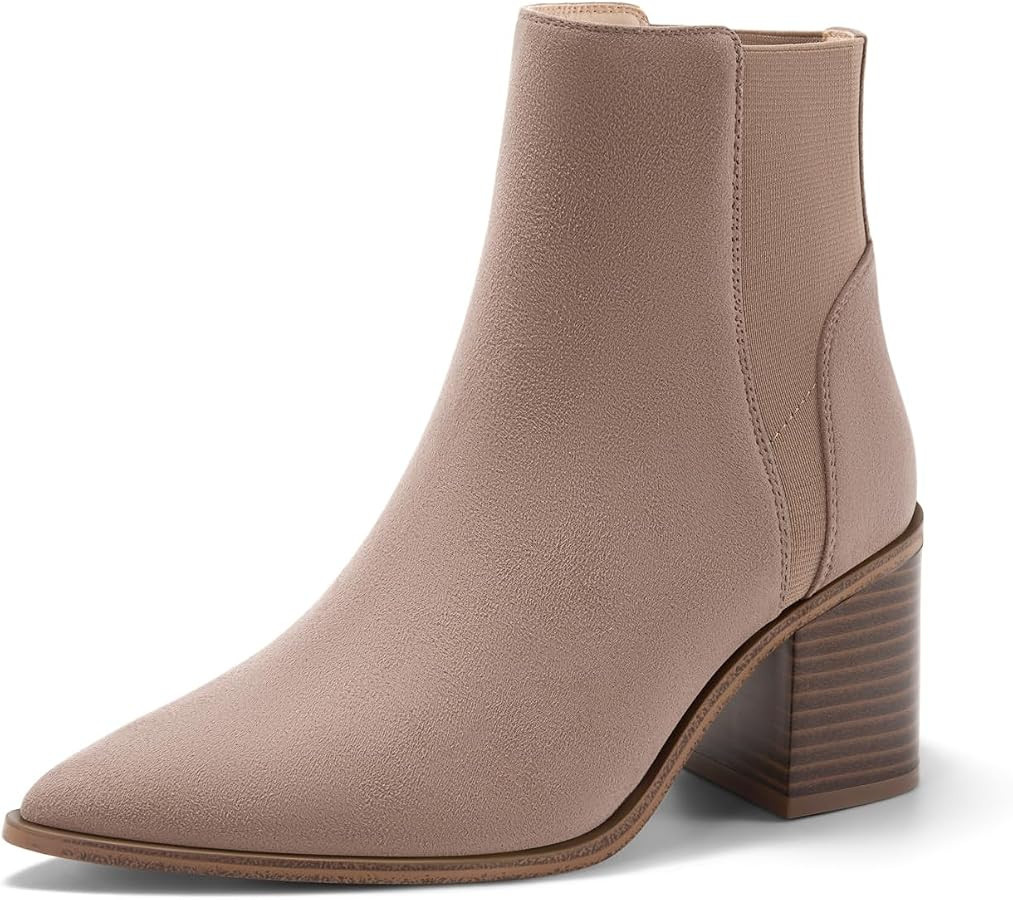Coutgo Womens Pointed Toe Ankle Boots Elastic Chunky Block Stacked Mid Heel Slip On Chelsea Booti... | Amazon (US)