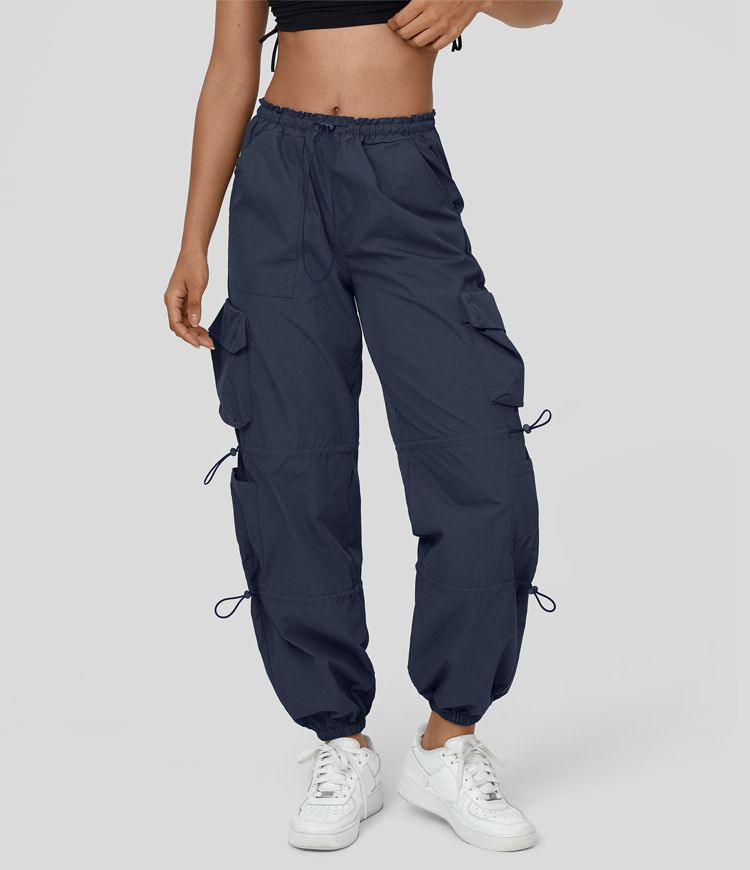 Mid Rise Drawstring Multi Pockets Casual Cargo Cotton Joggers | HALARA