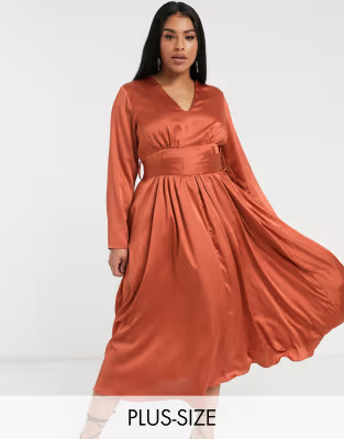 Glamorous Curve plunge front midi tea dress in satin | ASOS (Global)