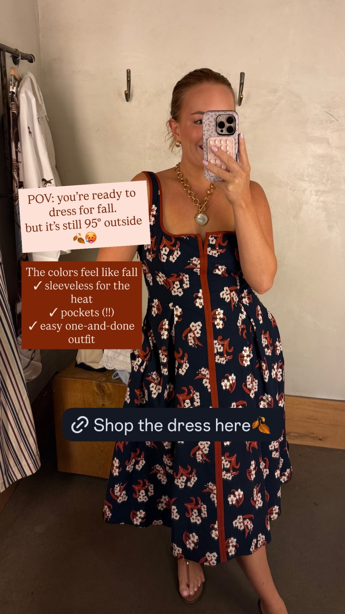 POV: you’re ready to dress for fall…
but it’s still 95° outside 🍂🥵 The colors feel like fall
✓ sleeveless for the heat
✓ pockets (!!)
✓ easy one-and-done outfit
