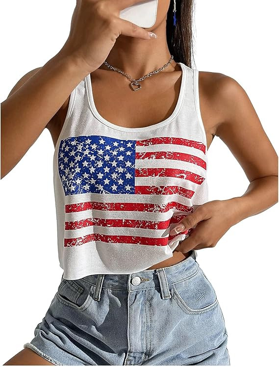 4th of July Crop Tops for Women Funny American Flag Shirts Tank Tops Outfits | Amazon (US)