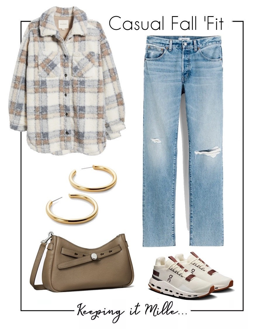 Casual Fall Outfit. Cozy plaid jacket, easy straight leg jeans, medium hoops, crossbody bag, comfy sneakers.

#LTKMidsize #LTKSaleAlert #LTKStyleTip