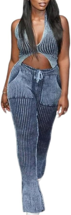Women's 2 Piece Sexy Knitted Low Neck Tank Top High Waist Long Flared Casual Pants Jumpsuit Club ... | Amazon (US)