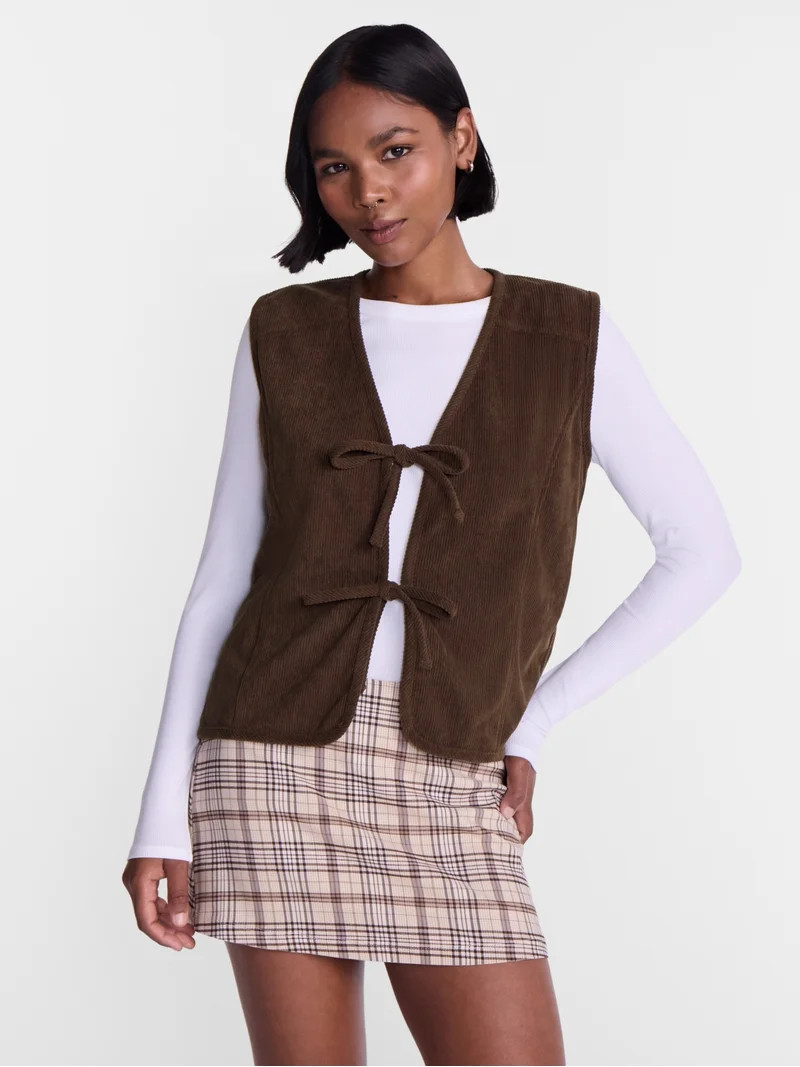 No Boundaries Tie Front Corduroy Vest, Women's and Women's Plus S-3X | Walmart (US)