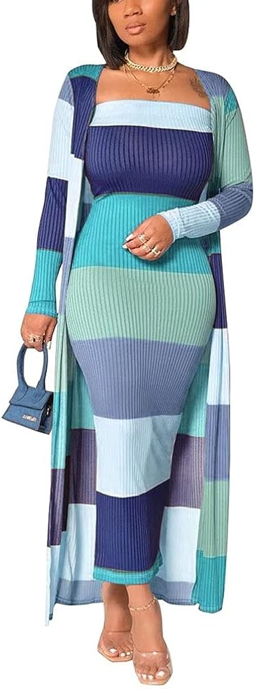 ThusFar Women Two Piece Set Outfits Open Front Flowy Cardigan Maxi Strapless Bodycon Dress Suits ... | Amazon (US)