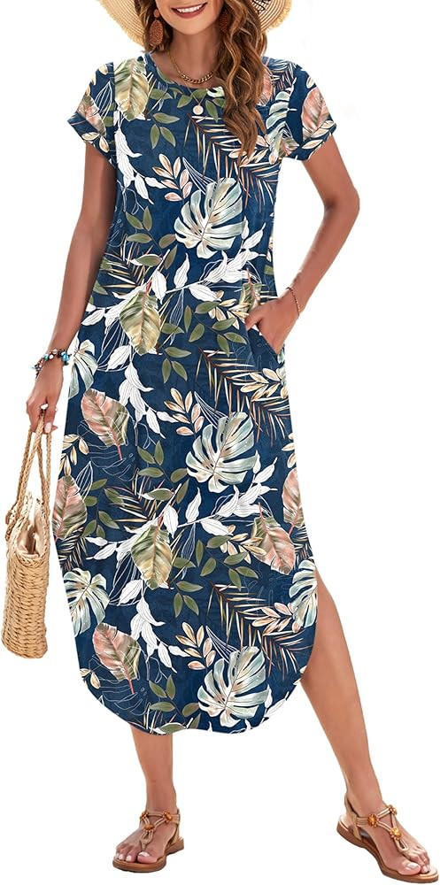 WNEEDU Womens Summer Dresses Casual Loose Short Sleeve Long T Shirt Dress Split Maxi Beach Sundre... | Amazon (US)