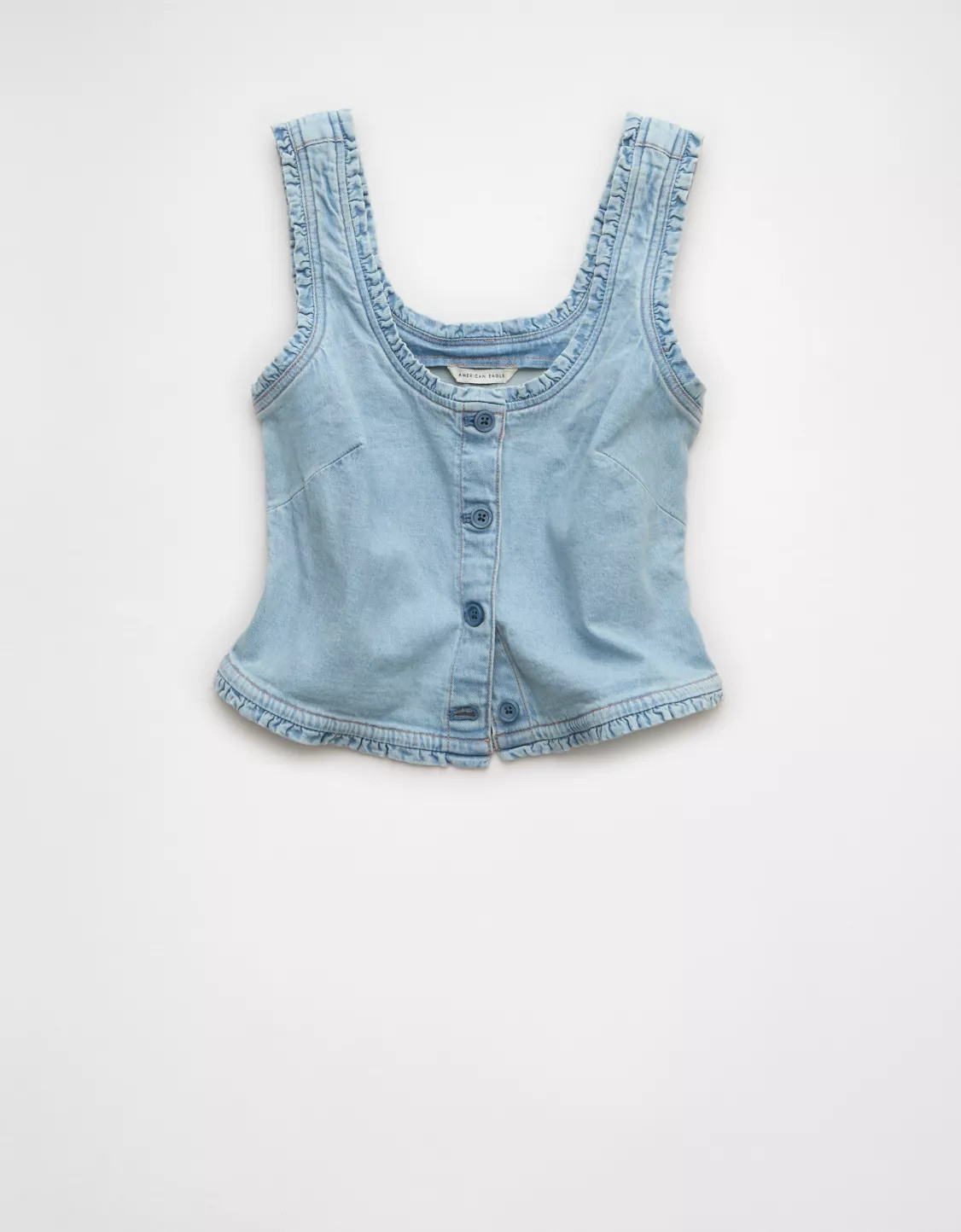 AE Cropped Ruffle Trim Denim Tank Top | American Eagle Outfitters (US & CA)