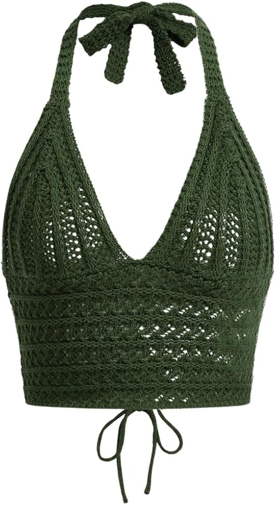 Women Lace Up Backless Crochet Crop Halter Top Y2k Slim Fit Sleeveless V Neck Self Tie Back Knit ... | Amazon (US)