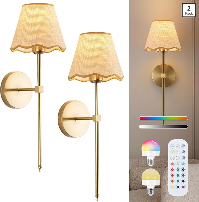 ADISUN Battery Operated Wall Sconce Set of 2, Gold Wall Lamps Rechargeable Bulbs for Living Room,... | Amazon (US)