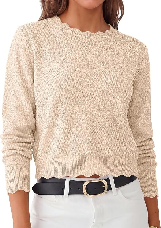 ANRABESS Women’s Long Sleeve Scalloped Cropped Sweaters | Lightweight Soft Comfy Ribbed Knit,Dr... | Amazon (US)