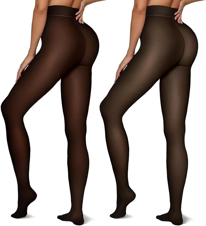 Vertvie 2 Pairs Fleece Lined Tights Women Crotch One Seam Line Warm Sheer Pantyhose Fake Transluc... | Amazon (US)
