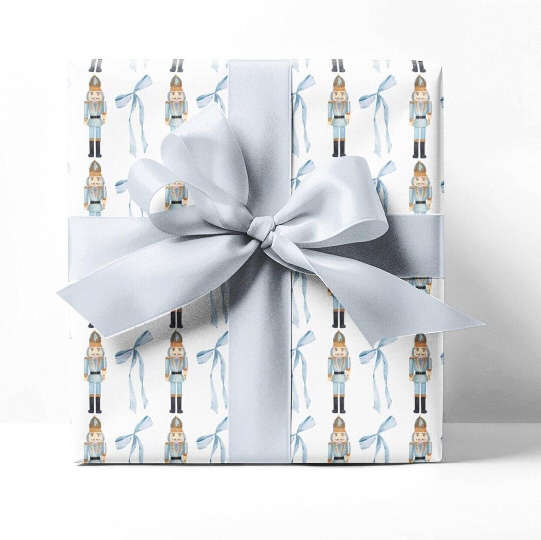 Son of a Nutcracker Wrapping Paper, Blue Bows, Blue and White Preppy Grand Millennial Christmas G... | Etsy (US)