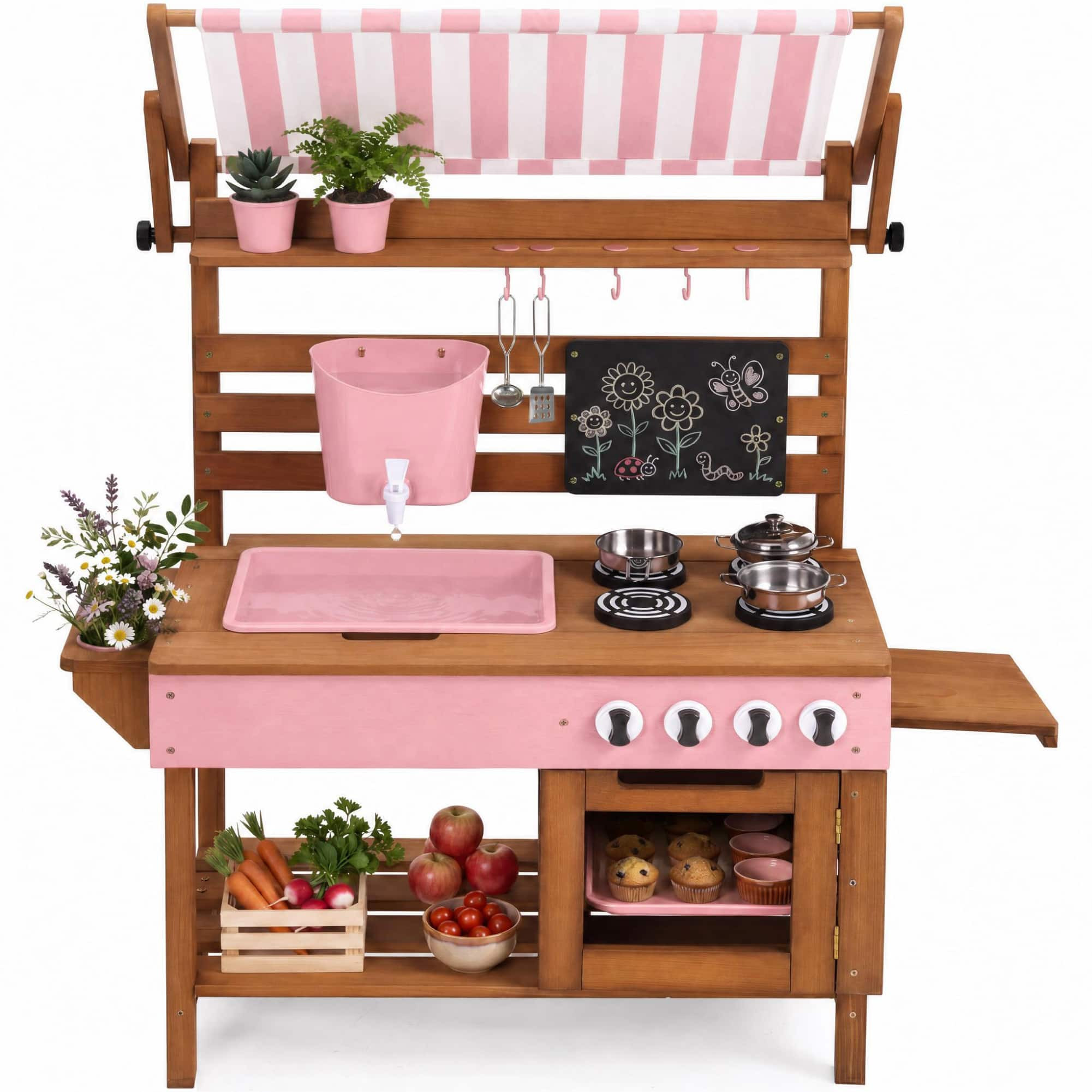 Best Choice Products - Deluxe Wooden Outdoor Mud Kitchen for Kids w/ Canopy, Water Tank, Faucet & 11pc Accessories - Pink | Best Buy U.S.
