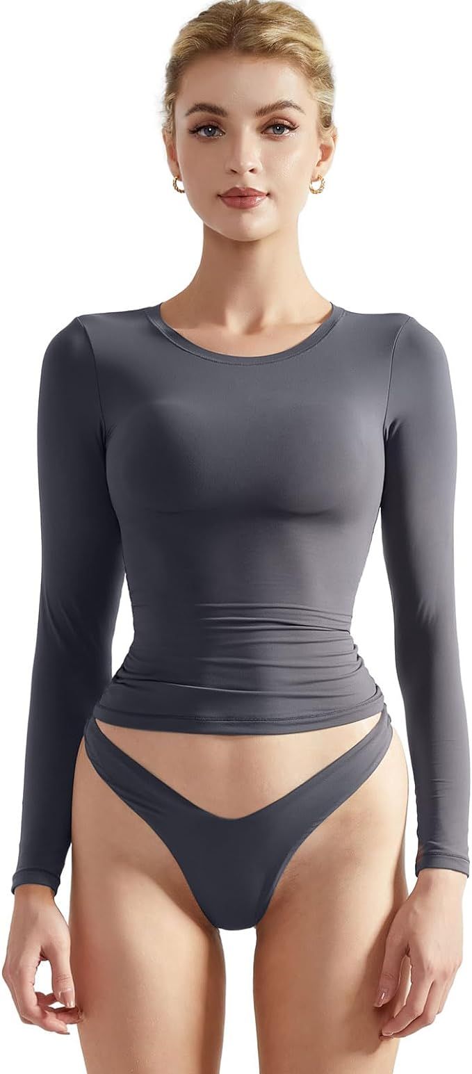 SUUKSESS Women Double Lined Fitted Basic T Shirts Crew Neck Long Sleeve Crop Top | Amazon (US)