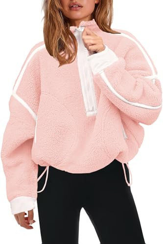 Panadila Womens Half Zip Sherpa Fleece Pullover Soft Oversized Sweatshirt with Pockets Warm Fuzzy Sweater (Light Pink,XL) | Amazon (US)