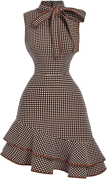 Floerns Women's Plaid Bow Tie Tweed Sleeveless Ruffle Elegant Mini Dress | Amazon (US)