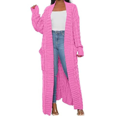 A ADILACA Pink Cardigan Sweaters for Women, Long Cardigan Sweaters for Women Plus Size Floor Length Knitted, Stylish Cable Knit Dual Pocket Cardigan Plus Size, Oversized Chunky Sweaters (Pink, 2XL) | Amazon (US)