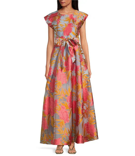 Olivia Printed Round Neckline Cap Sleeve Organza A-Line Gown | Dillard's