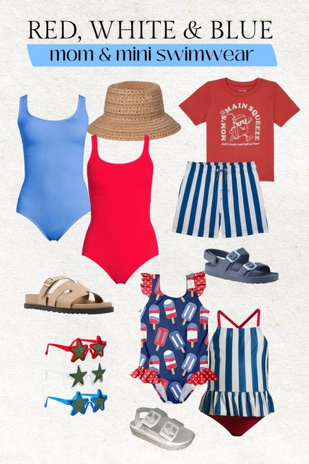 Red, white & blue - mom & mini swimwear 🇺🇸 patriotic swimwear for Memorial Day, the Fourth of July and an Americana summer ✨

Kids swimsuit, boys striped swimsuit, girls striped swimsuit, one piece swimsuit, red swimsuit, blue swimsuit, boys tee, bucket hat, girls jelly sandals, Walmart, Walmart kids, Walmart fashion, vacation outfit, pool outfit, beach outfit, women’s sandals, Christine Andrew 
@walmartfashion #WalmartFashion #WalmartPartner

#LTKKids #LTKFamily #LTKSwim