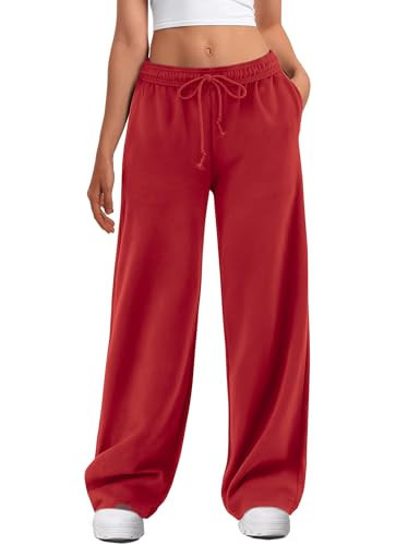 ATHMILE Women's Wide Leg Sweatpants High Waisted Baggy Interior Drawstring Joggers Straight Leg Sweat Pants with Pockets Red | Amazon (US)
