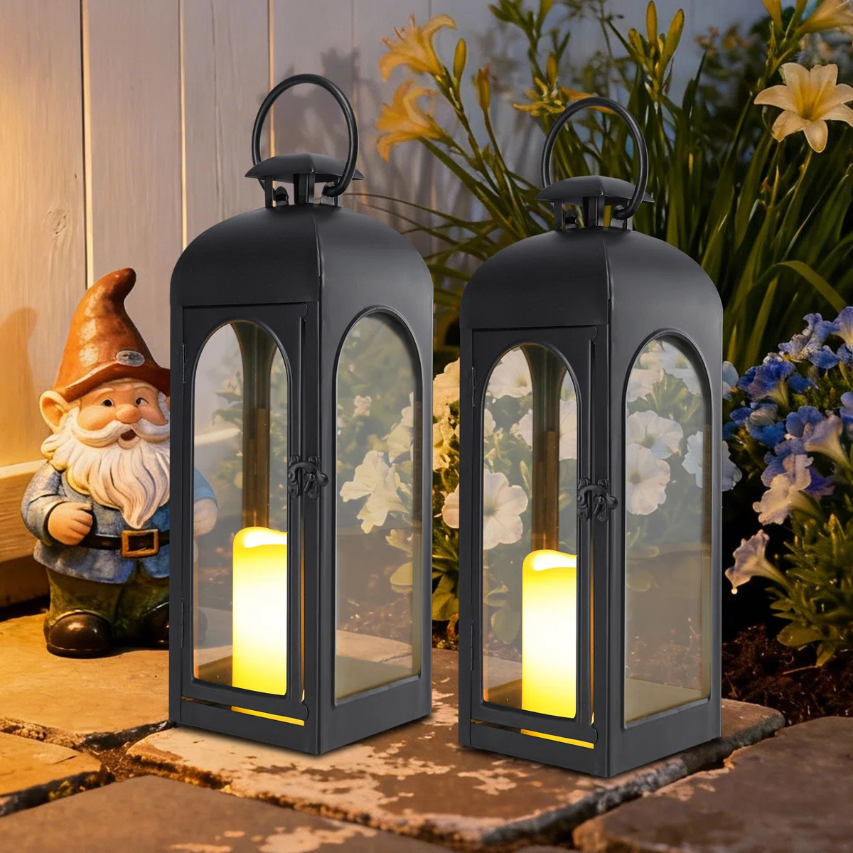 2-pack 20.86 Inch Black Metal Lanterns With Remote Control Led Candles \u2013 Decorative Hanging/... | Wayfair North America