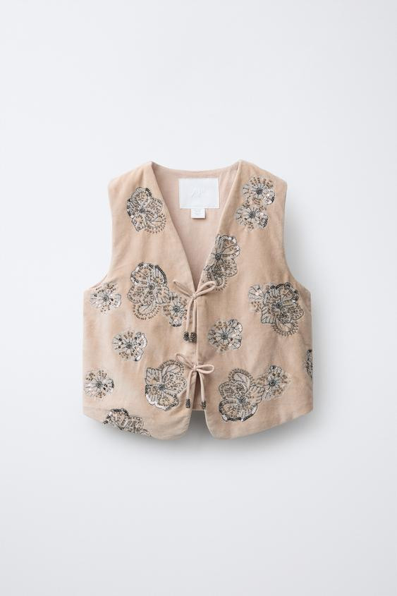 SEQUIN EMBROIDERED FLORAL VELVET VEST | Zara US