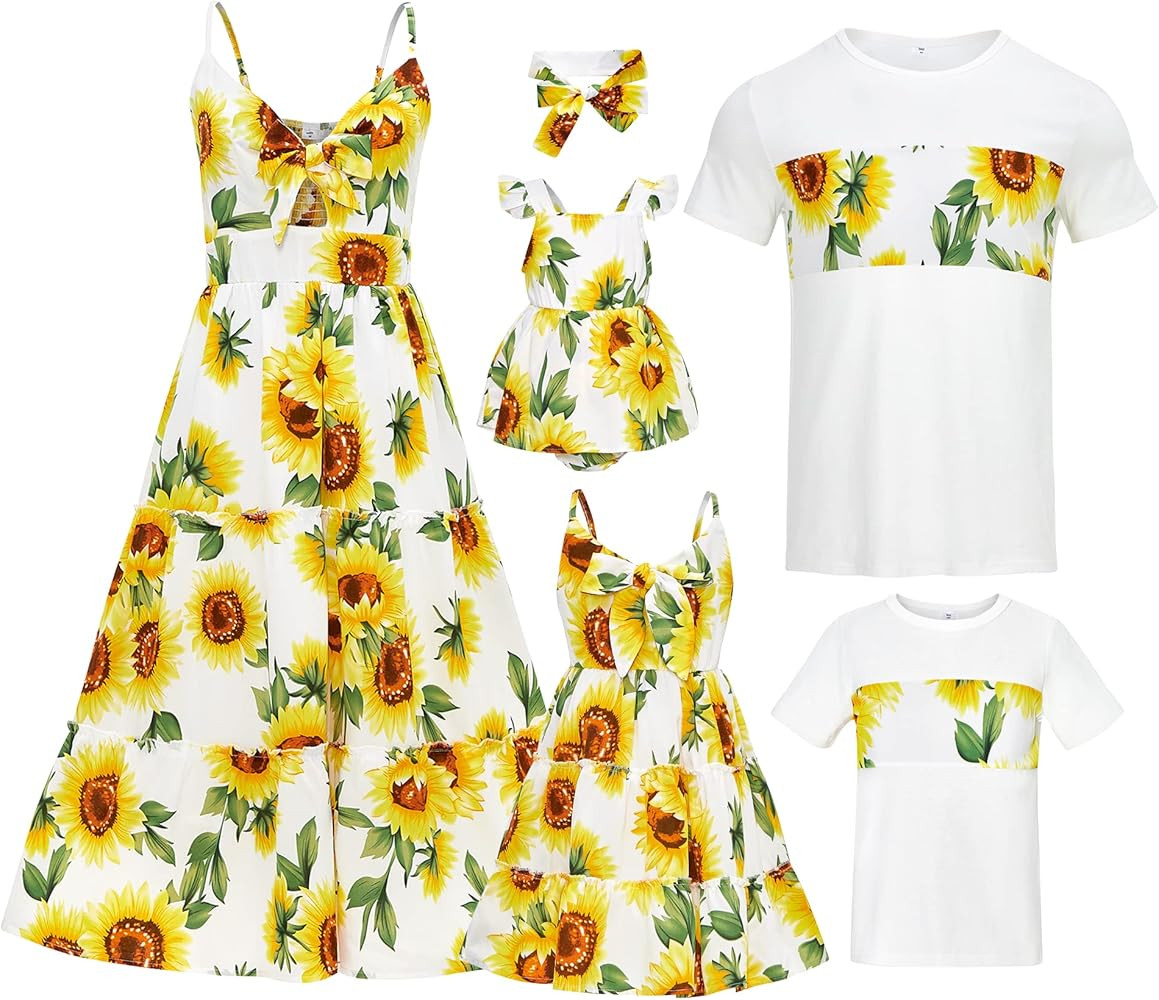 PopReal Matching Family Outfits Mommy and Me Dresses Summer Sunflower Short Sleeve | Amazon (US)
