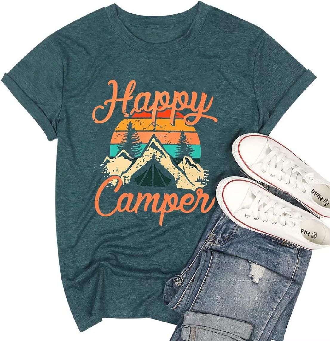 Happy Camper Shirt for Women Funny Cute Graphic Tee Short Sleeve Letter Print Casual Tee Shirts | Amazon (US)