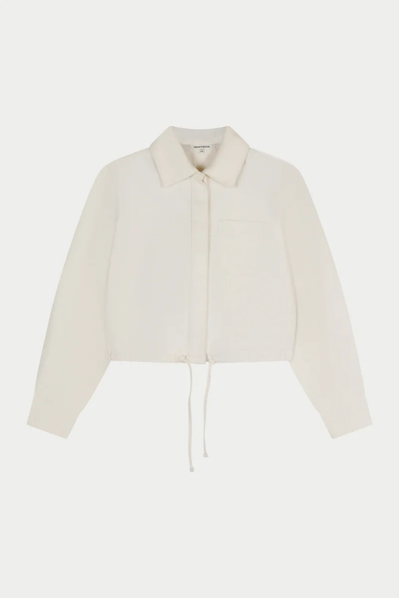 TIE HEM SHOULDER PADDED DENIM JACKET - ECRU | The Couture Club
