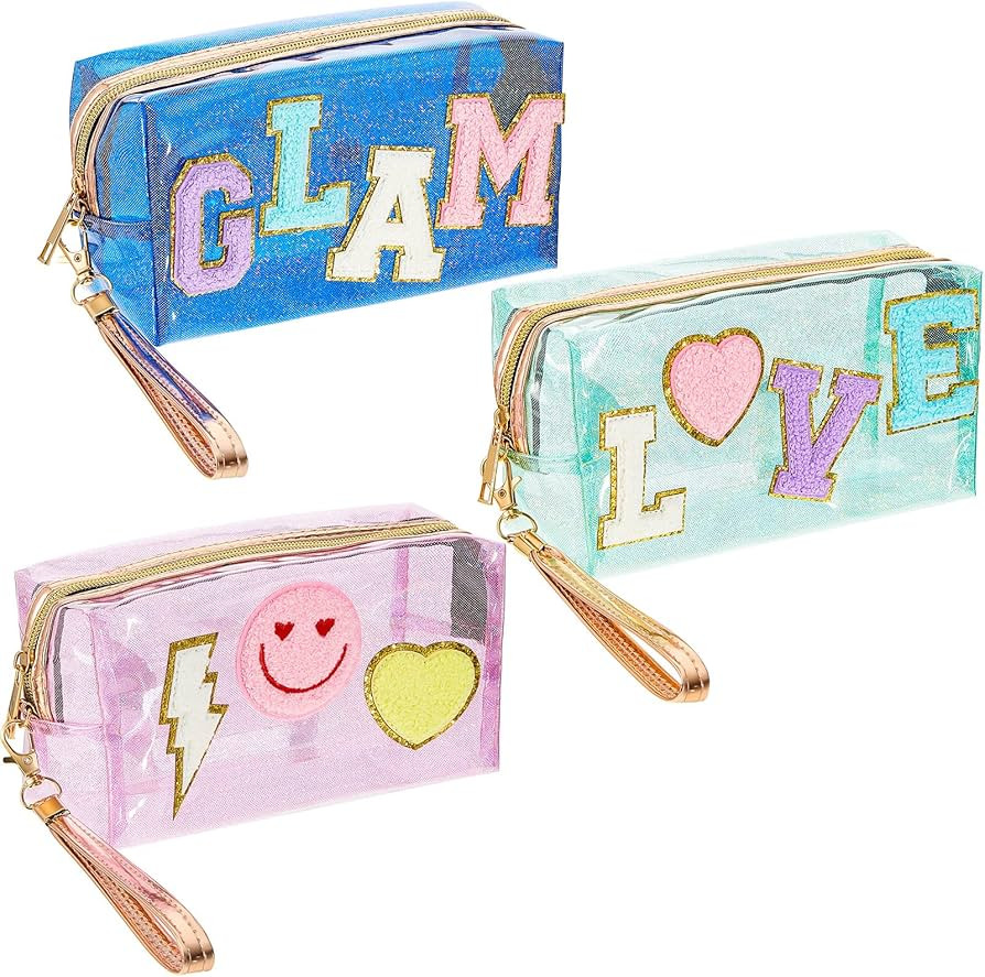 Amylove 3 Pcs Christmas Preppy Makeup Bag Christmas Stuff Transparent Makeup Bag Gift for Christmas Preppy Bags Portable Cosmetic Bag for Women Gift New Year Travel(Love, Glam, Patterns) | Amazon (US)