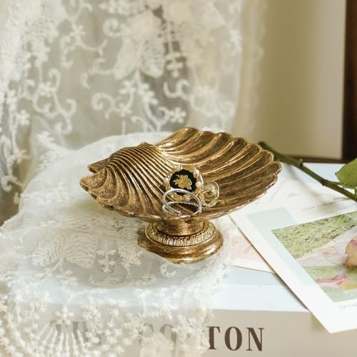 NIKKY HOME Seashell Ring Holder Jewelry Tray, Small Gold Trinket Dish | Coastal Small Metal Decor... | Amazon (US)