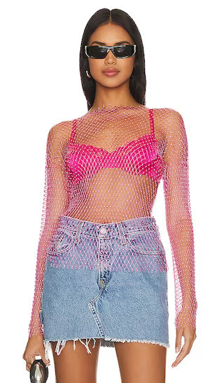 Karolie Pink Rhinestone Mesh Top Pink Sequin Top Pink Sheer Top Sheer Tops For Women  | Revolve Clothing (Global)