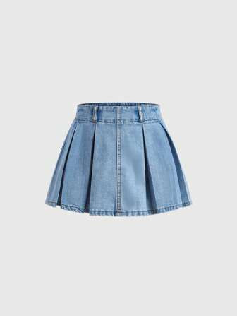 SHEIN Eenkleurig Denim rok Geplooide Rits | SHEIN