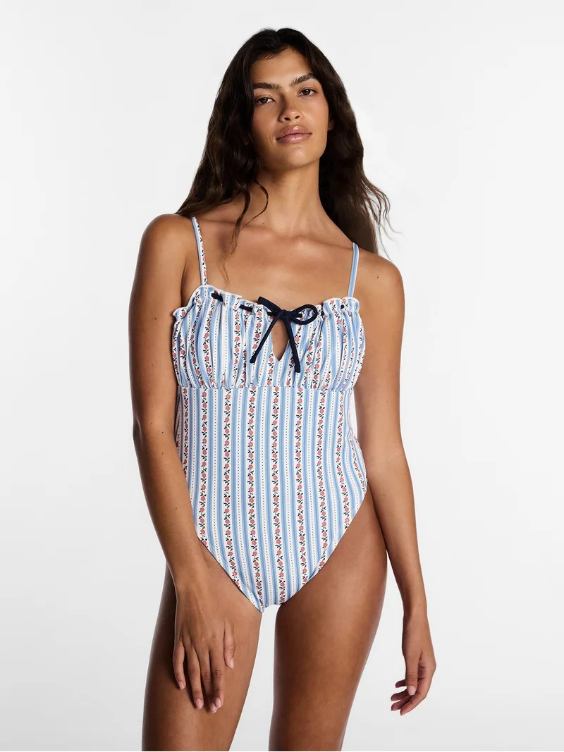 Kacey Lee Women's and Women's Plus Tie Neck Scoop Back One Piece Swimsuit, Sizes XS-3X | Walmart (US)