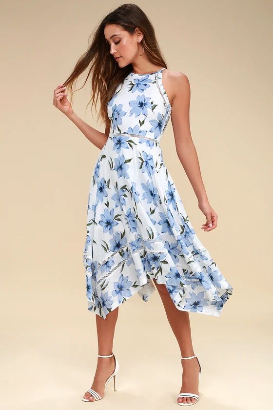 Zahara Blue and White Floral Print Midi Dress | Lulus (US)