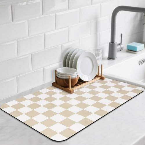 CooRug Checkered Dish Drying Mat for Kitchen Counter, Absorbent Non-Slip Coffee Mat, Heat Resistant Mat for Countertops Coffee Bar Decor 16" x 24" Khaki | Amazon (US)