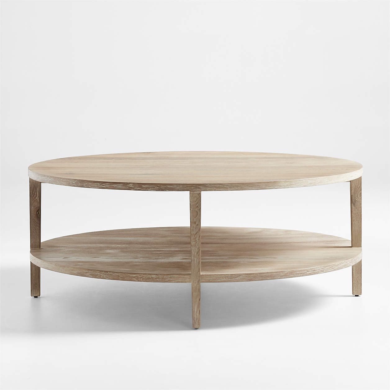 Clairemont Natural Oak Wood 48" Round Coffee Table with Shelf + Reviews | Crate & Barrel | Crate & Barrel