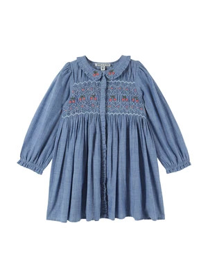 Cherry Embroidered Chambray Smocked Dress | Danrie