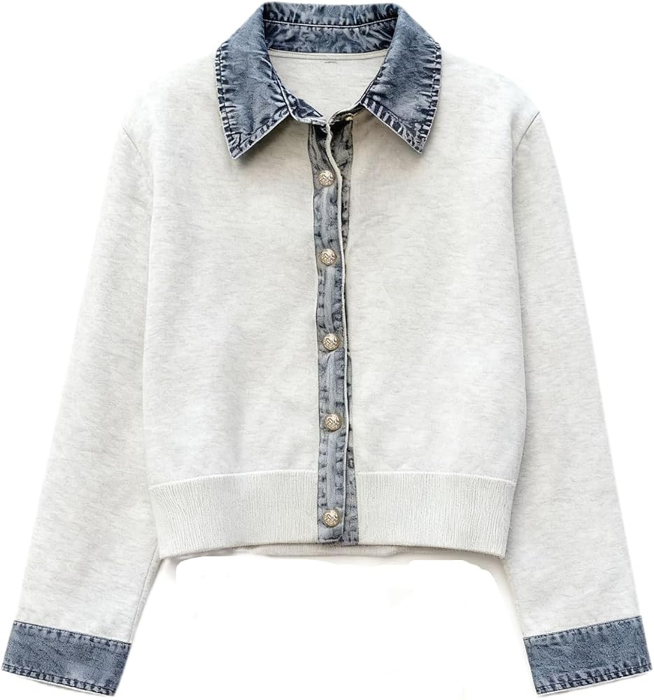 Women Denim Patchwork Trim Knitted Button Cardigan Pullover Tops Outerwear | Amazon (US)