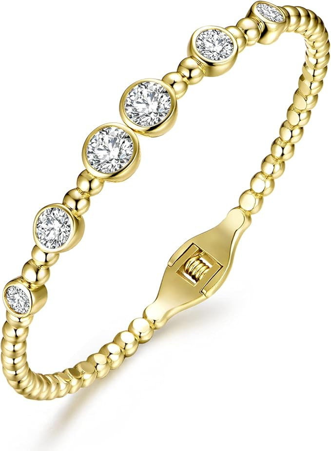 14K Gold / Silver Plated Open Cuff Oval Bangles for Women AAA Cubic Zirconia Ball Beaded Stackabl... | Amazon (US)