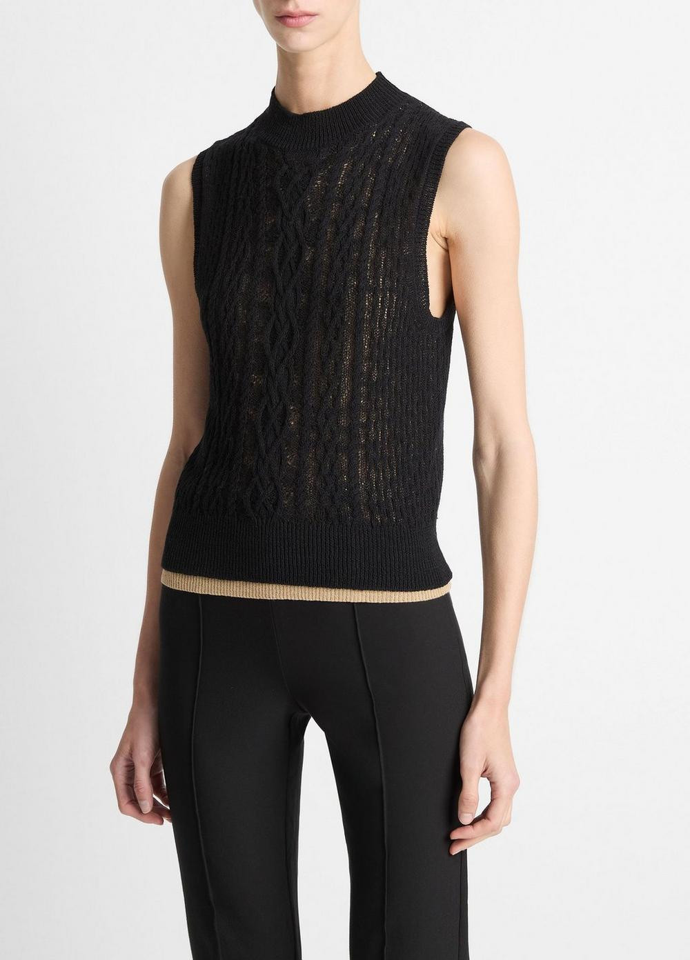 Women's Cable Cotton-Blend Double-Layer Shell, Black/gold Cliff, Size XL Vince | Vince LLC