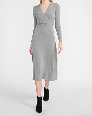 Long Sleeve Cross Front Knit Midi Dress Gray Women's XS Petite | Express