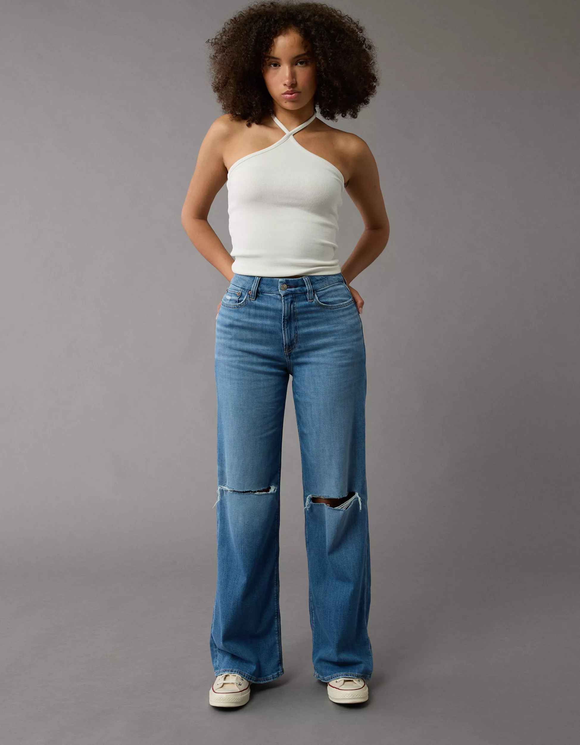 AE Dreamy Drape Stretch Curvy Super High-Waisted Baggy Wide-Leg Jean | American Eagle Outfitters (US & CA)