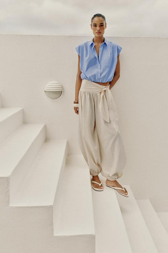 Zara - Cropped Gingham Shirt - Brown / White - M - Woman | Zara US