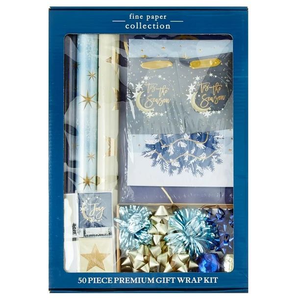 Holiday Time Fine Paper Collection Premium Gift Wrap Kit, Navy and Gold | Walmart (US)