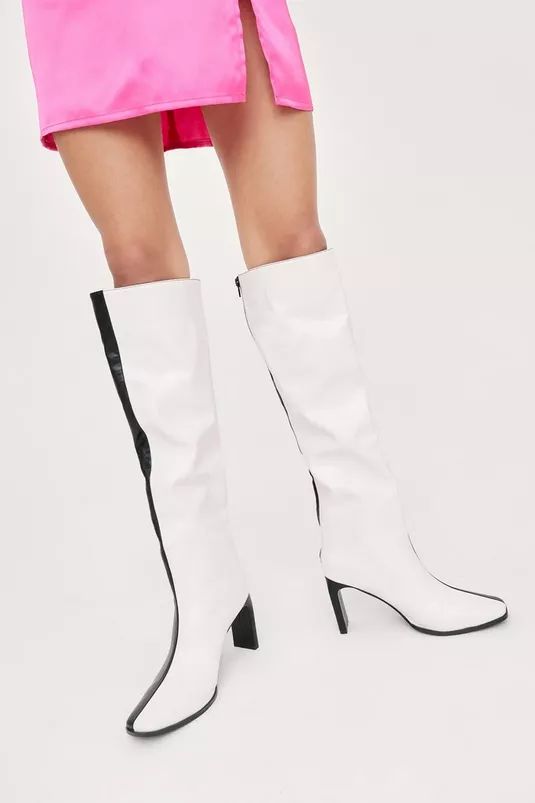 Faux Leather Contrast Knee High Heeled Boots | Nasty Gal (US)