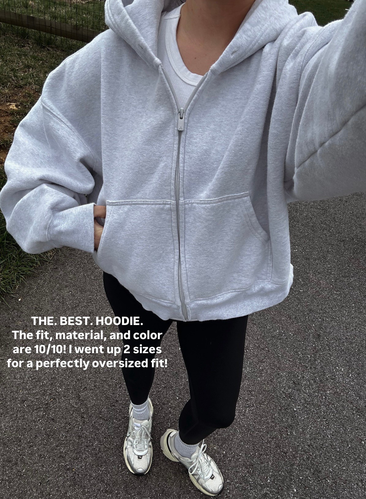 Wearing the xl in the hoodie! Color is “heather cloud white"