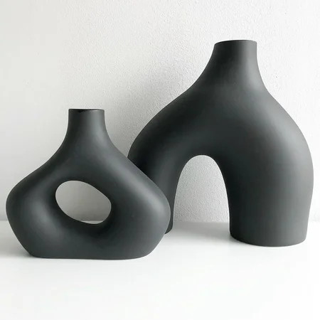 Black Vases Home Decor, Set of 2 Large Black Vase, Black Ceramic Vase, Boho Vase, Decorative Vase, Modern Farmhouse Decor, Tall Matte Black Vase for Living Room, Shelf, Mantel, Table, Fireplace Decor | Walmart (US)