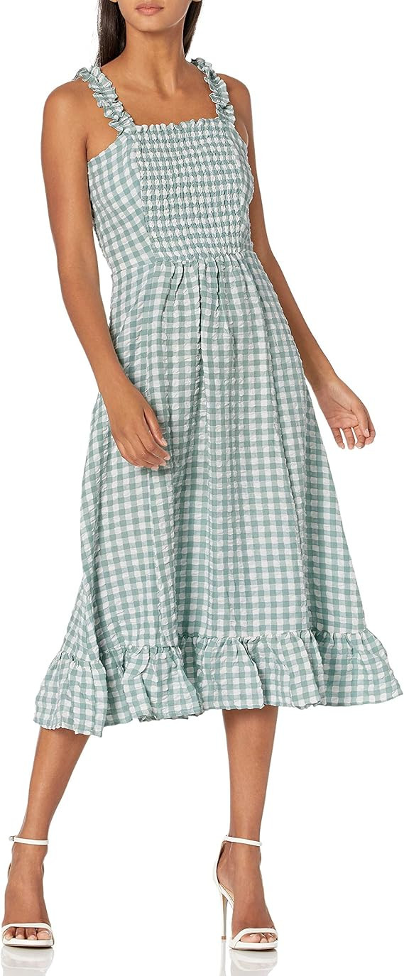 Sugar Lips Women's Gingham Print Ruffle Detail Smocked Midi Dress | Amazon (US)